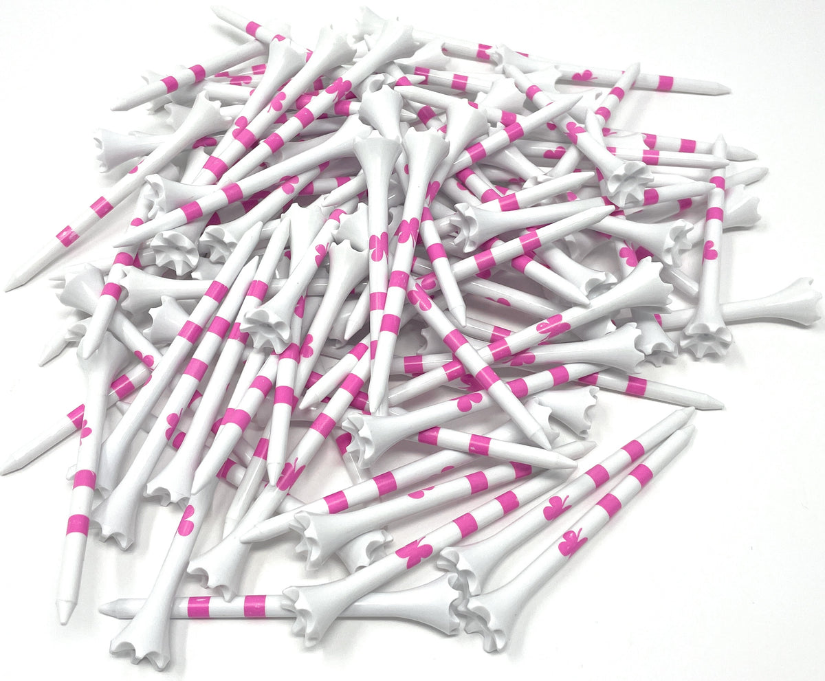 Pink Four Leaf Clover/Shamrock 3 ¼” Plastic Golf Tees – White with Pink - 100 Tees in Bulk