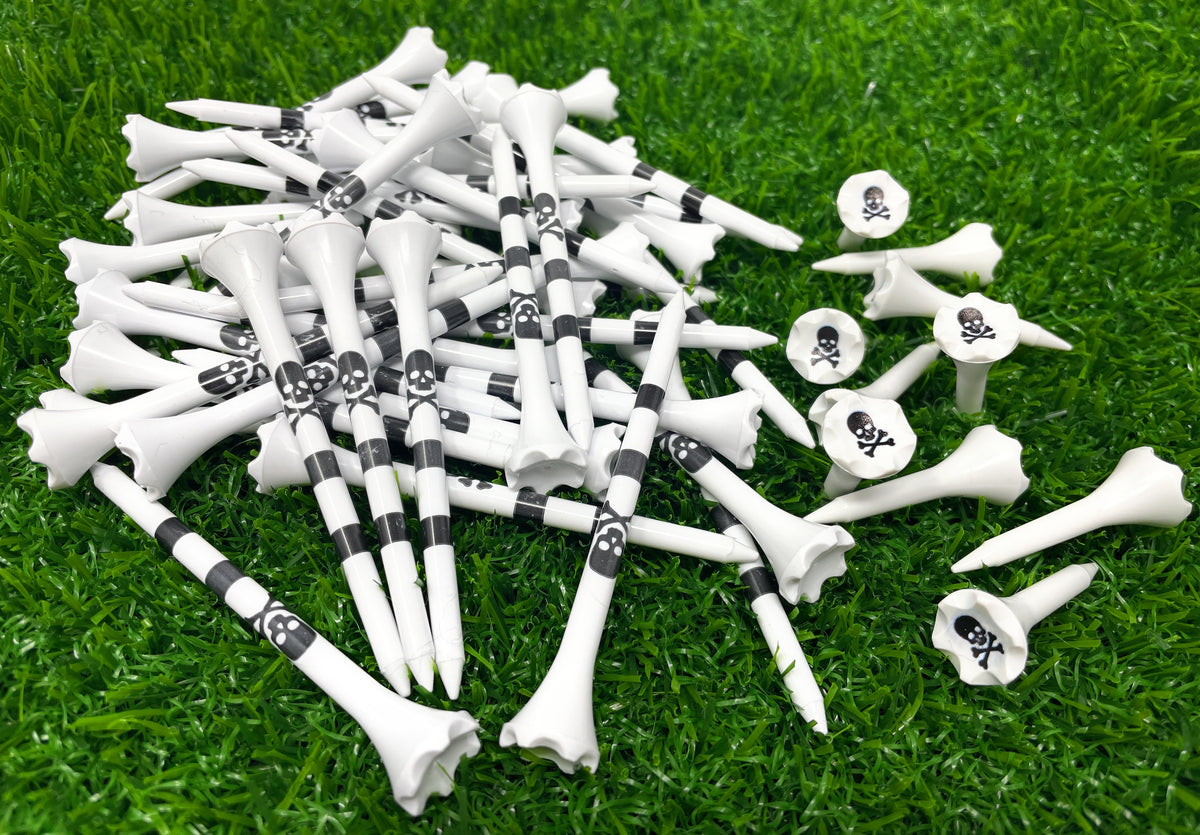 Golf Tees Plastic Combo Length Pack of 50 Includes (40 Count) 3 ¼” Plastic Golf Tees Skull & Crossbones + (10 Count) 1½ Plastic Short Tees for Irons, Hybrids, Par Threes