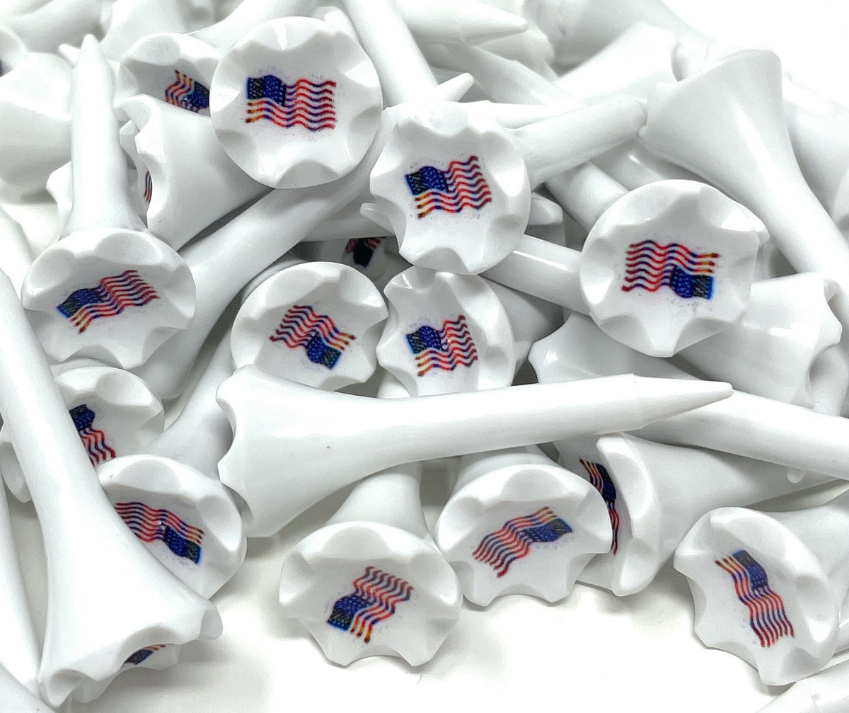 1 ½” Plastic Golf Tees w/ USA American Flag Cup Imprint – Short Golf Tees for Irons, Par Threes, Hybrids, and Driving Range - Pack of 50 Bulk in High Visibility White Durable Plastic