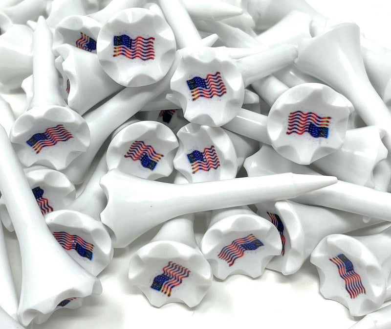1 ½” Plastic Golf Tees w/ USA American Flag Cup Imprint – Short Golf Tees for Irons, Par Threes, Hybrids, and Driving Range - Pack of 50 Bulk in High Visibility White Durable Plastic