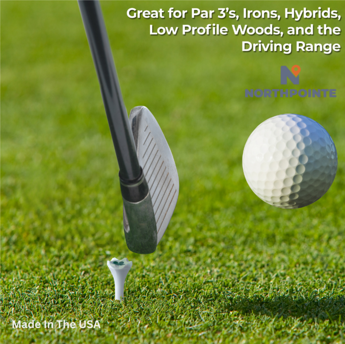 1 ½” Plastic Golf Tees w/ Four Leaf Clover Cup Imprint – Short Golf Tees for Irons, Par Threes, Hybrids, and Driving Range - Pack of 50  Bulk in High Visibility White Durable Plastic