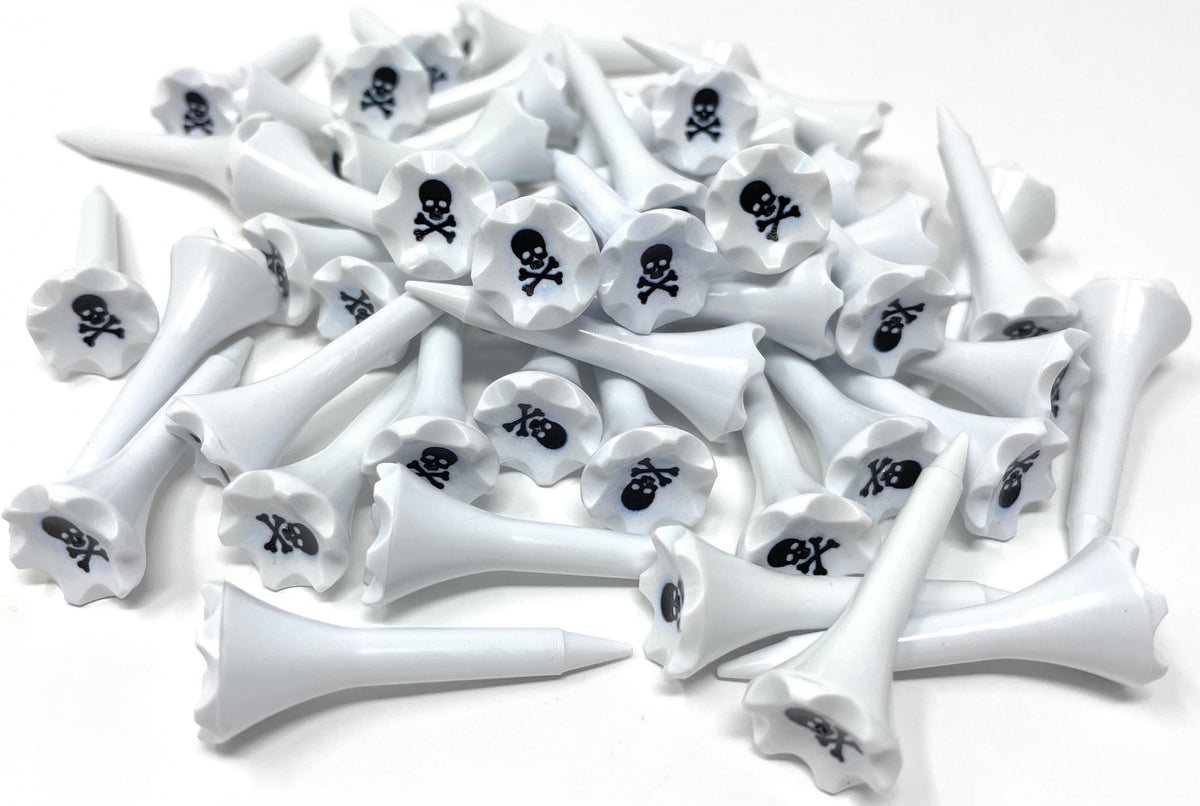 1 ½” Plastic Golf Tees w/ Skull & Crossbones Cup Imprint – Short Golf Tees for Irons, Par Threes, Hybrids, and Driving Range - Pack of 50  Bulk in High Visibility White Durable Plastic