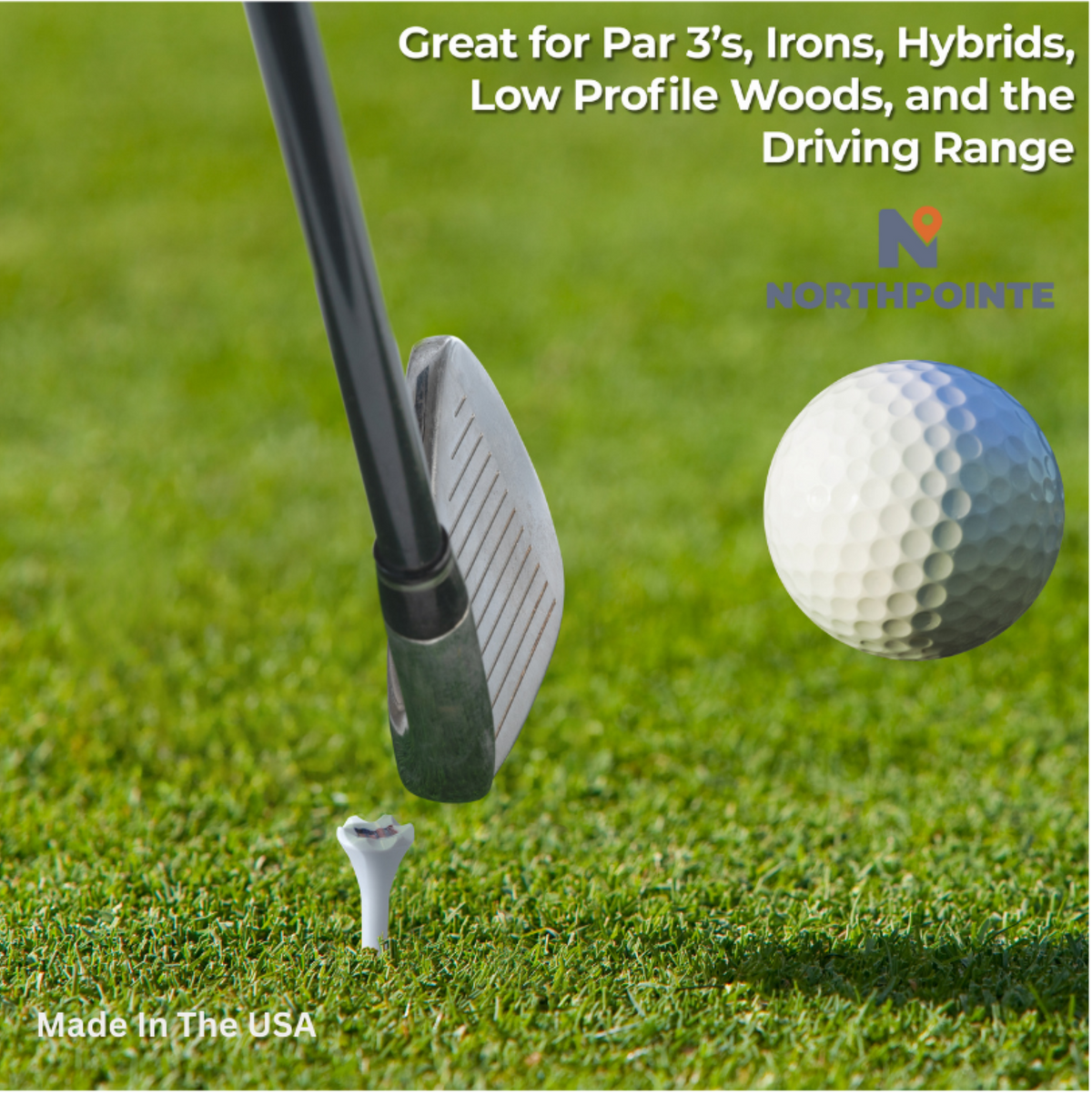 1 ½” Plastic Golf Tees w/ USA American Flag Cup Imprint – Short Golf Tees for Irons, Par Threes, Hybrids, and Driving Range - Pack of 50  Bulk in High Visibility White Durable Plastic