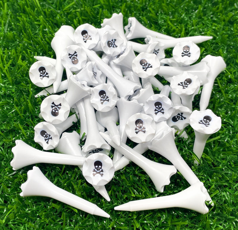 1 ½” Plastic Golf Tees w/ Skull & Crossbones Cup Imprint – Short Golf Tees for Irons, Par Threes, Hybrids, and Driving Range - Pack of 50  Bulk in High Visibility White Durable Plastic