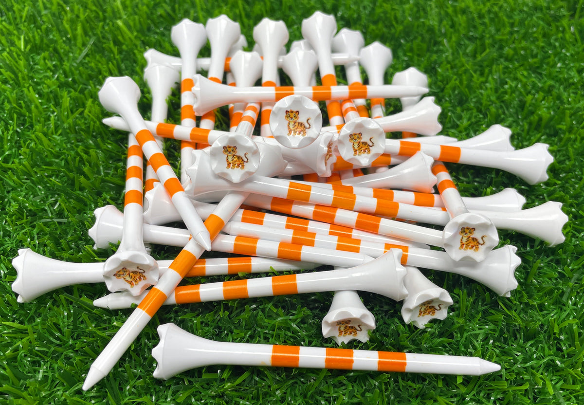 Tiger Golf Tees - Children Themed Cool Golf Tees Plastic - Pack of 40 Includes 3 ¼” Plastic Golf Tees Youth Kids Fun Various Designs - Golf Gifts -Stripes for Consistent Depth Placement