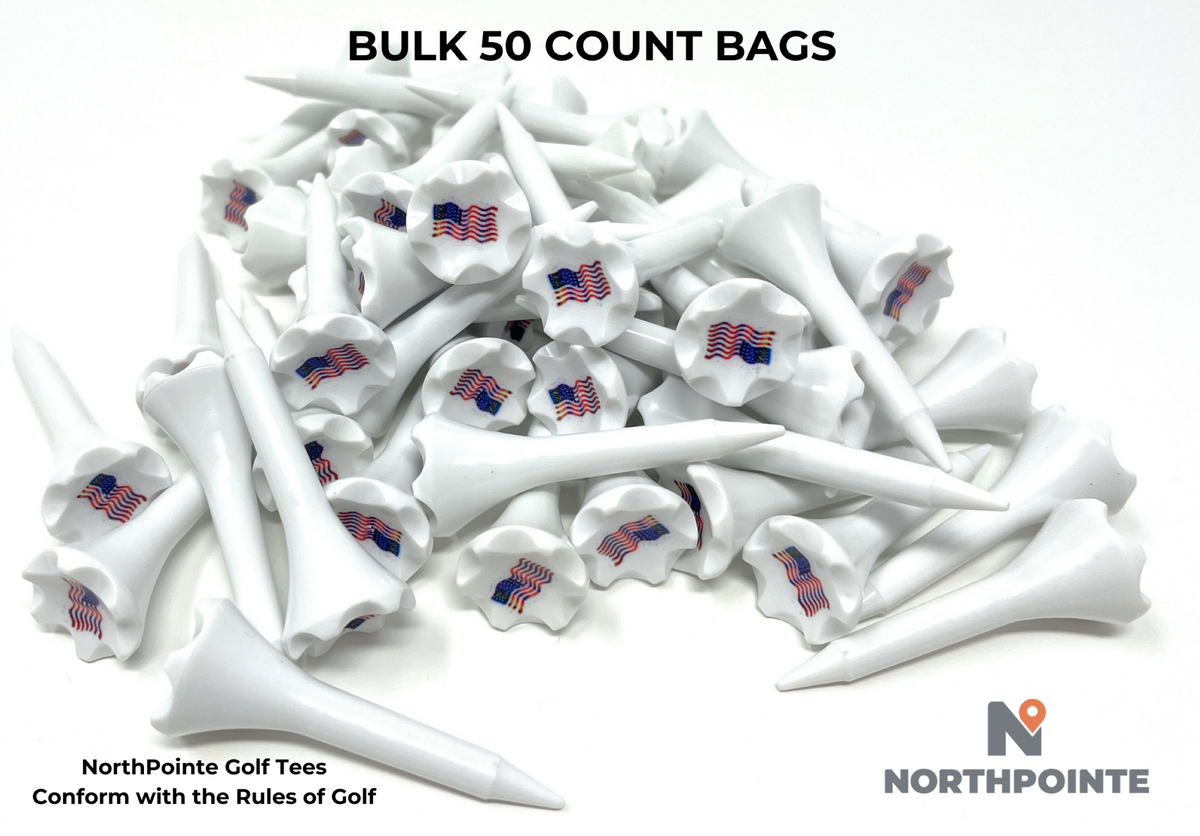 1 ½” Plastic Golf Tees w/ USA American Flag Cup Imprint – Short Golf Tees for Irons, Par Threes, Hybrids, and Driving Range - Pack of 50  Bulk in High Visibility White Durable Plastic