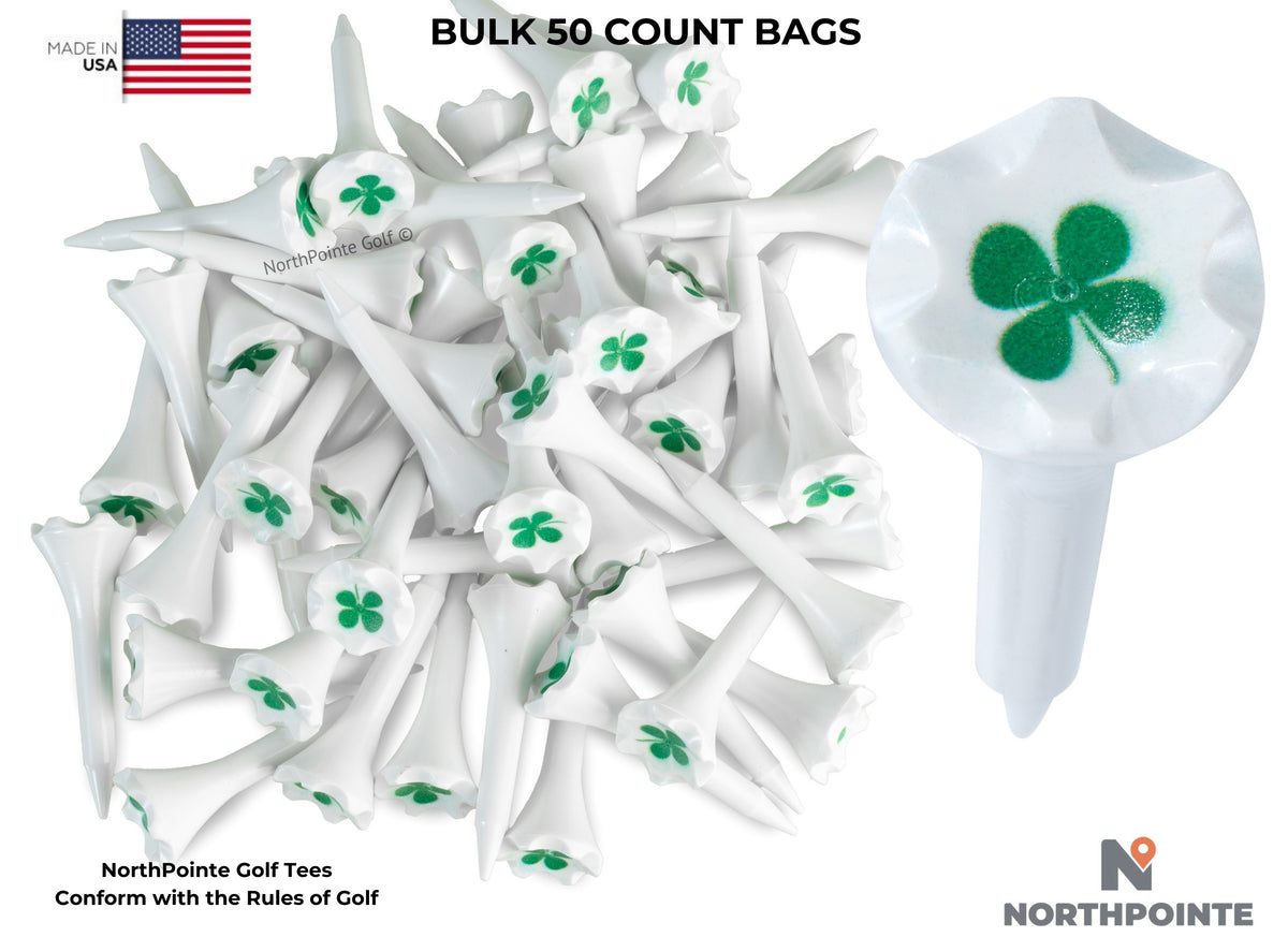 1 ½” Plastic Golf Tees w/ Four Leaf Clover Cup Imprint – Short Golf Tees for Irons, Par Threes, Hybrids, and Driving Range - Pack of 50  Bulk in High Visibility White Durable Plastic
