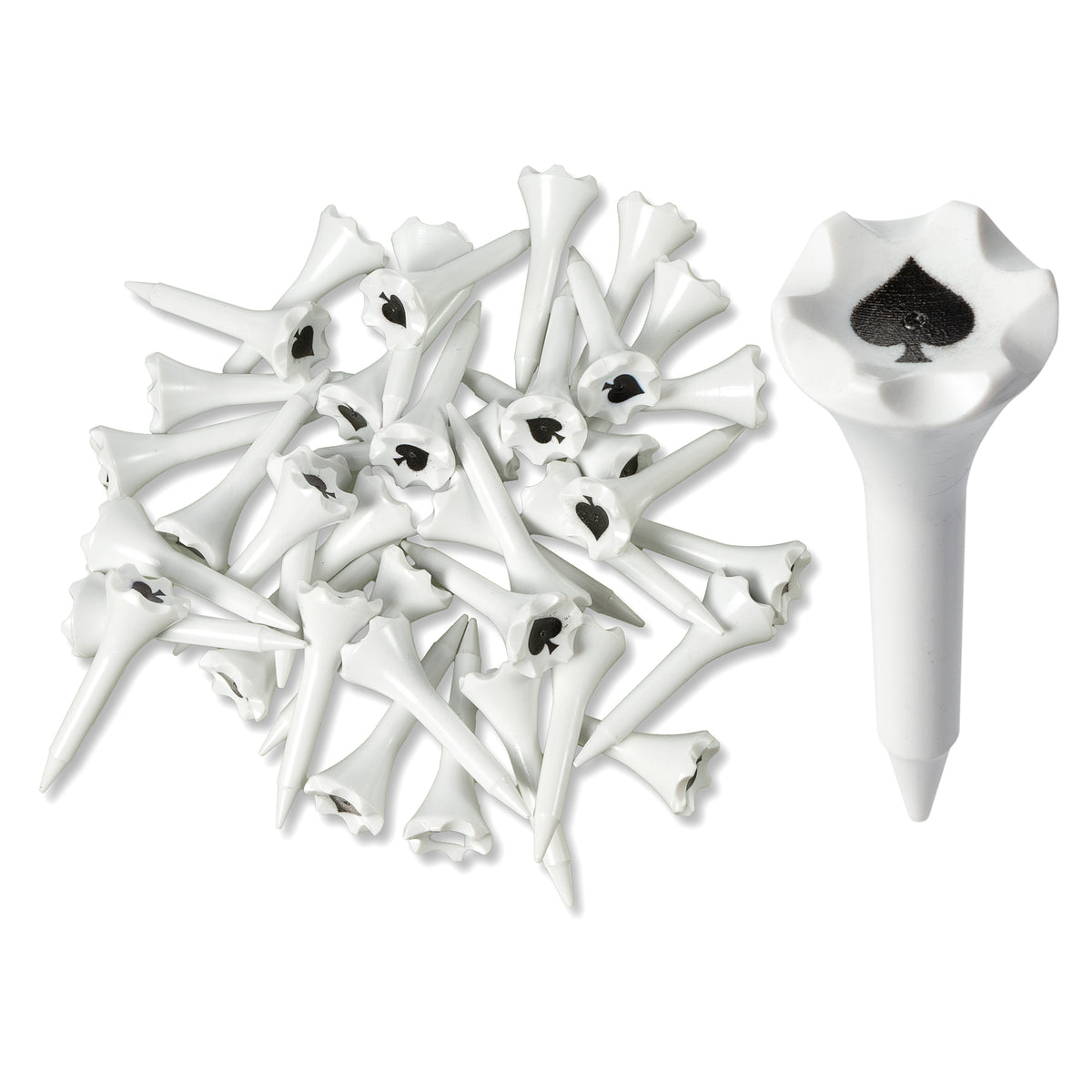 1 ½” Plastic Golf Tees w/ Ace of Spades Cup Imprint – Short Golf Tees for Irons, Par Threes, Hybrids, and Driving Range - Pack of 50  Bulk in High Visibility White Durable Plastic