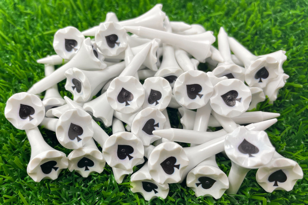1 ½” Plastic Golf Tees w/ Ace of Spades Cup Imprint – Short Golf Tees for Irons, Par Threes, Hybrids, and Driving Range - Pack of 50  Bulk in High Visibility White Durable Plastic