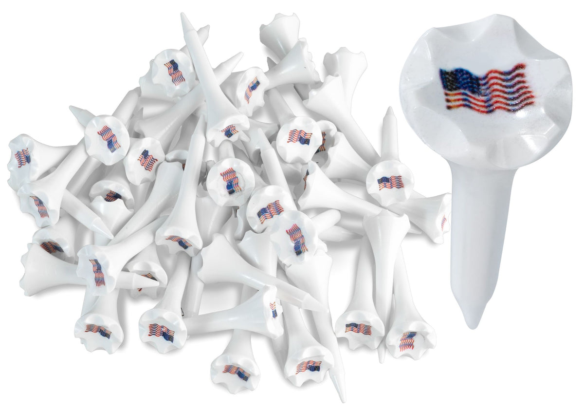 1 ½” Plastic Golf Tees w/ USA American Flag Cup Imprint – Short Golf Tees for Irons, Par Threes, Hybrids, and Driving Range - Pack of 50  Bulk in High Visibility White Durable Plastic