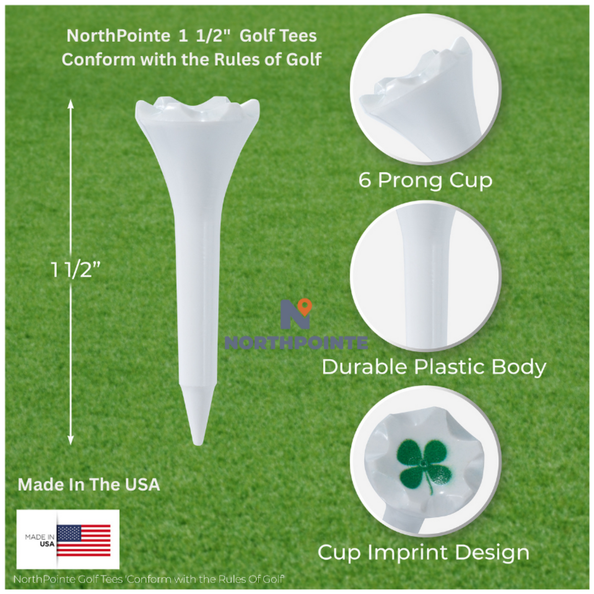 1 ½” Plastic Golf Tees w/ Four Leaf Clover Cup Imprint – Short Golf Tees for Irons, Par Threes, Hybrids, and Driving Range - Pack of 50  Bulk in High Visibility White Durable Plastic