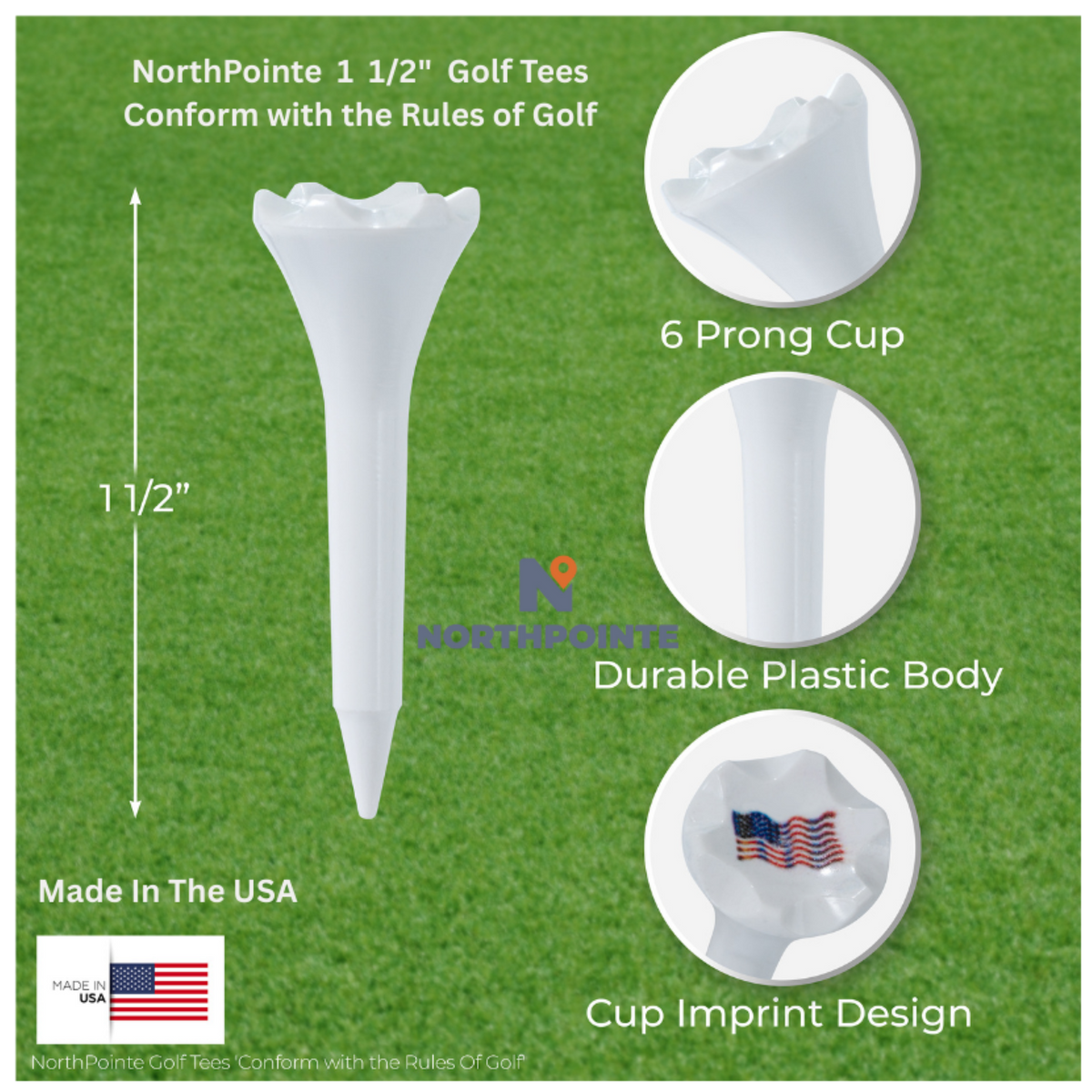 1 ½” Plastic Golf Tees w/ USA American Flag Cup Imprint – Short Golf Tees for Irons, Par Threes, Hybrids, and Driving Range - Pack of 50  Bulk in High Visibility White Durable Plastic