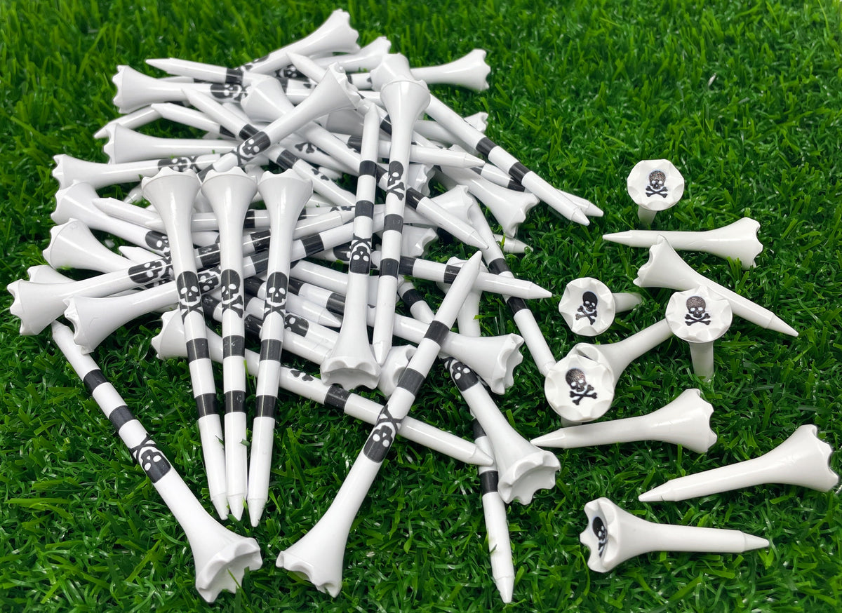 Golf Tees Plastic Combo Length Pack of 50 Includes (40 Count) 3 ¼” Plastic Golf Tees Skull & Crossbones + (10 Count) 1½ Plastic Short Tees for Irons, Hybrids, Par Threes