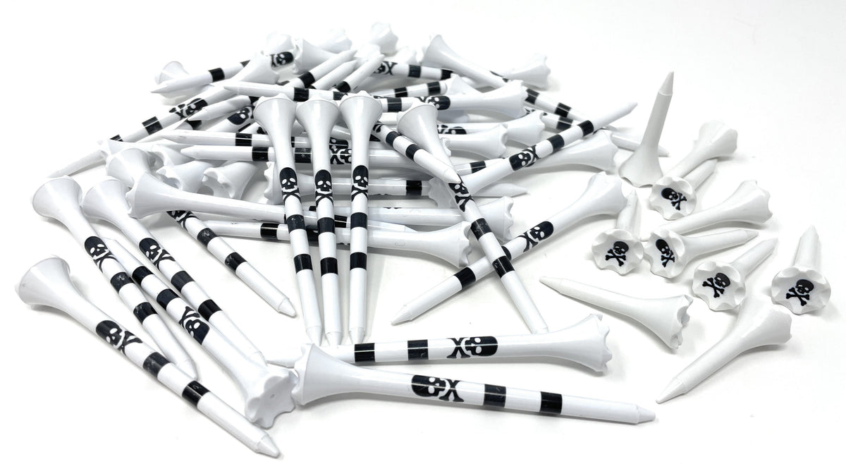 Golf Tees Plastic Combo Length Pack of 50 Includes (40 Count) 3 ¼” Plastic Golf Tees Skull & Crossbones + (10 Count) 1½ Plastic Short Tees for Irons, Hybrids, Par Threes