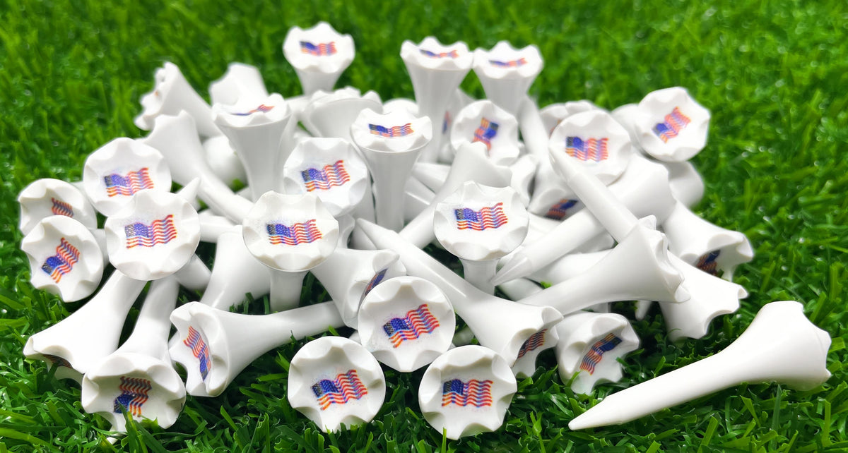1 ½” Plastic Golf Tees w/ USA American Flag Cup Imprint – Short Golf Tees for Irons, Par Threes, Hybrids, and Driving Range - Pack of 50  Bulk in High Visibility White Durable Plastic