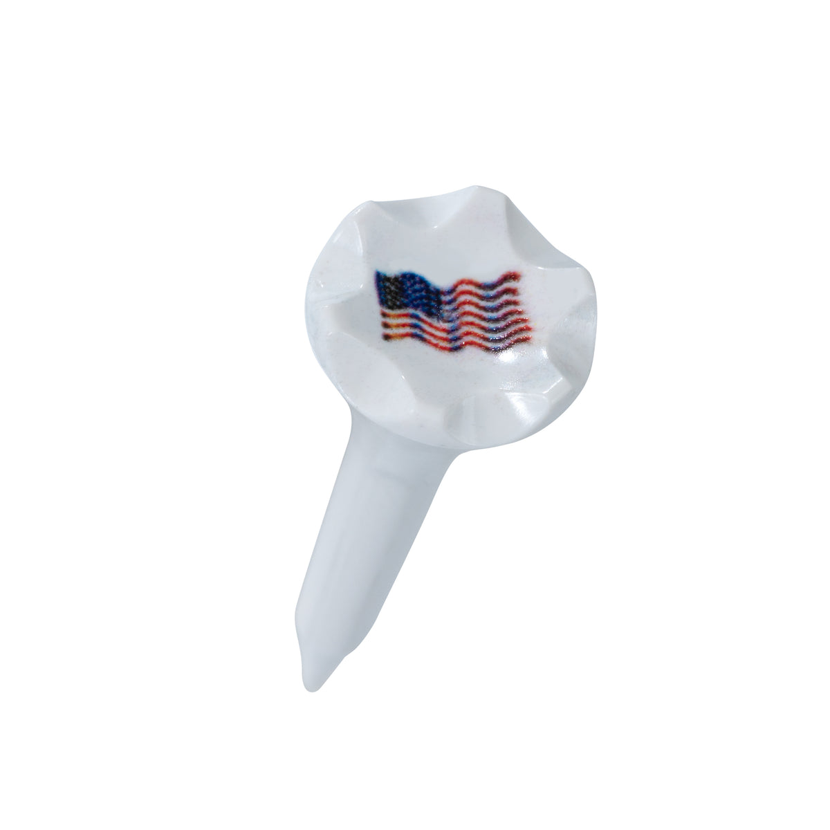 1 ½” Plastic Golf Tees w/ USA American Flag Cup Imprint – Short Golf Tees for Irons, Par Threes, Hybrids, and Driving Range - Pack of 50  Bulk in High Visibility White Durable Plastic