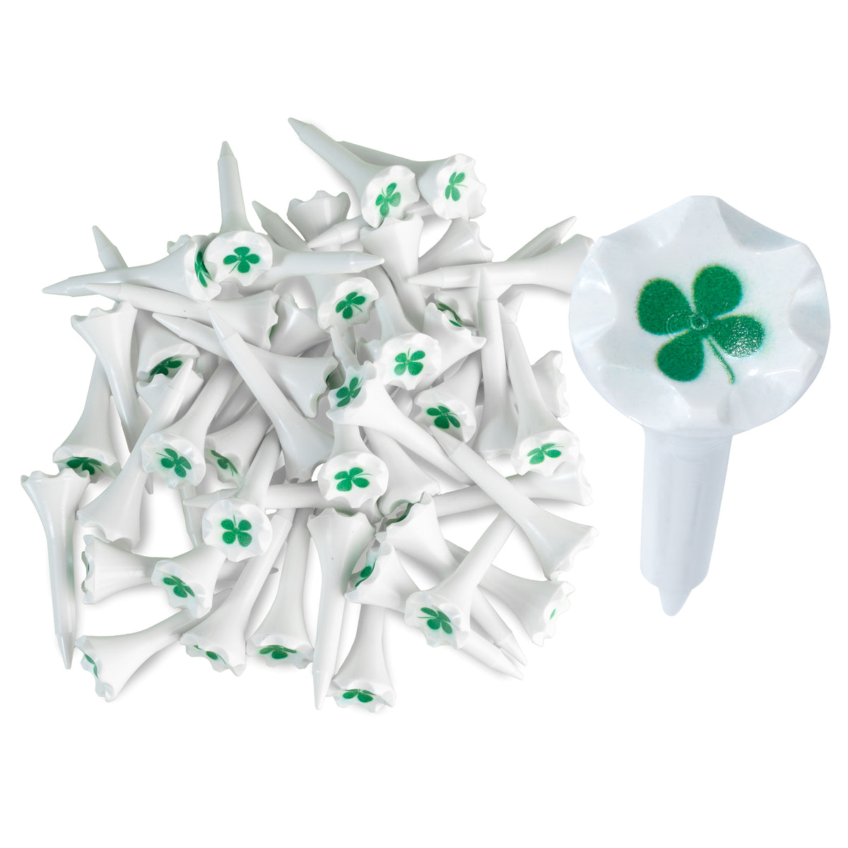 1 ½” Plastic Golf Tees w/ Four Leaf Clover Cup Imprint – Short Golf Tees for Irons, Par Threes, Hybrids, and Driving Range - Pack of 50  Bulk in High Visibility White Durable Plastic