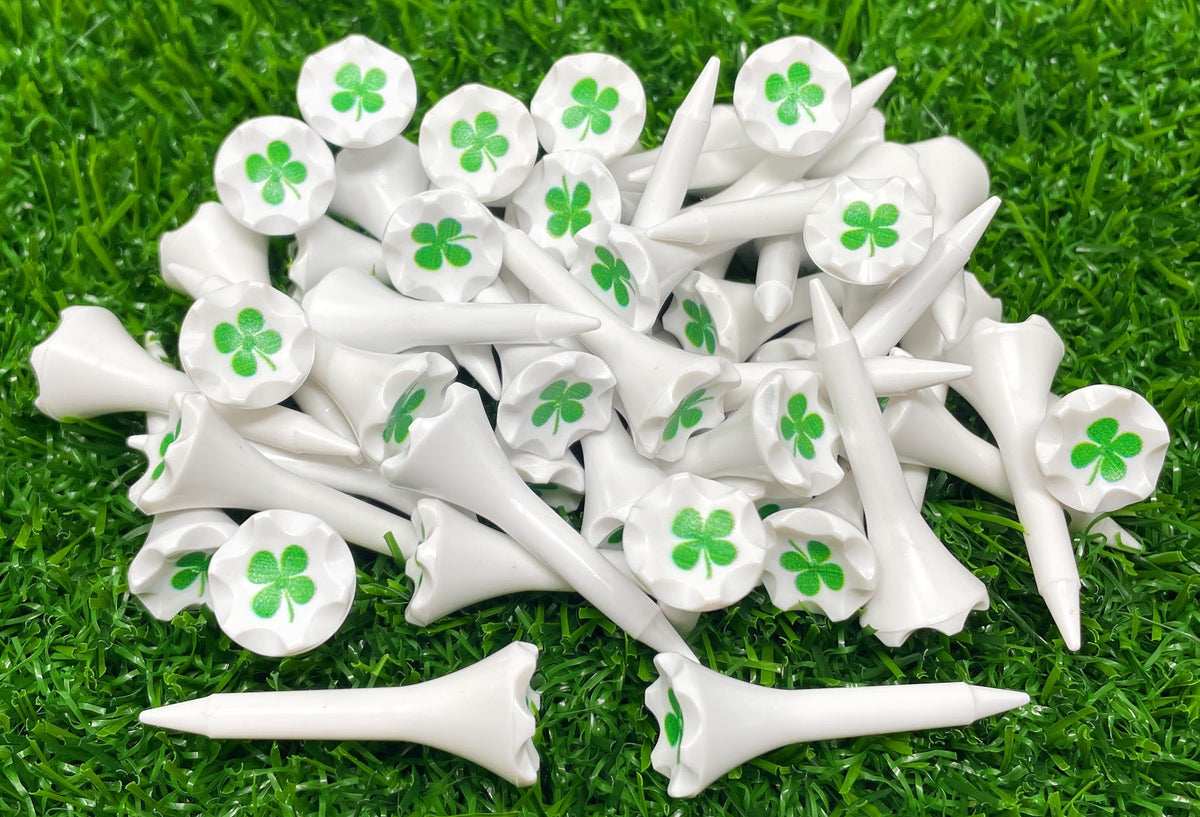 1 ½” Plastic Golf Tees w/ Four Leaf Clover Cup Imprint – Short Golf Tees for Irons, Par Threes, Hybrids, and Driving Range - Pack of 50  Bulk in High Visibility White Durable Plastic