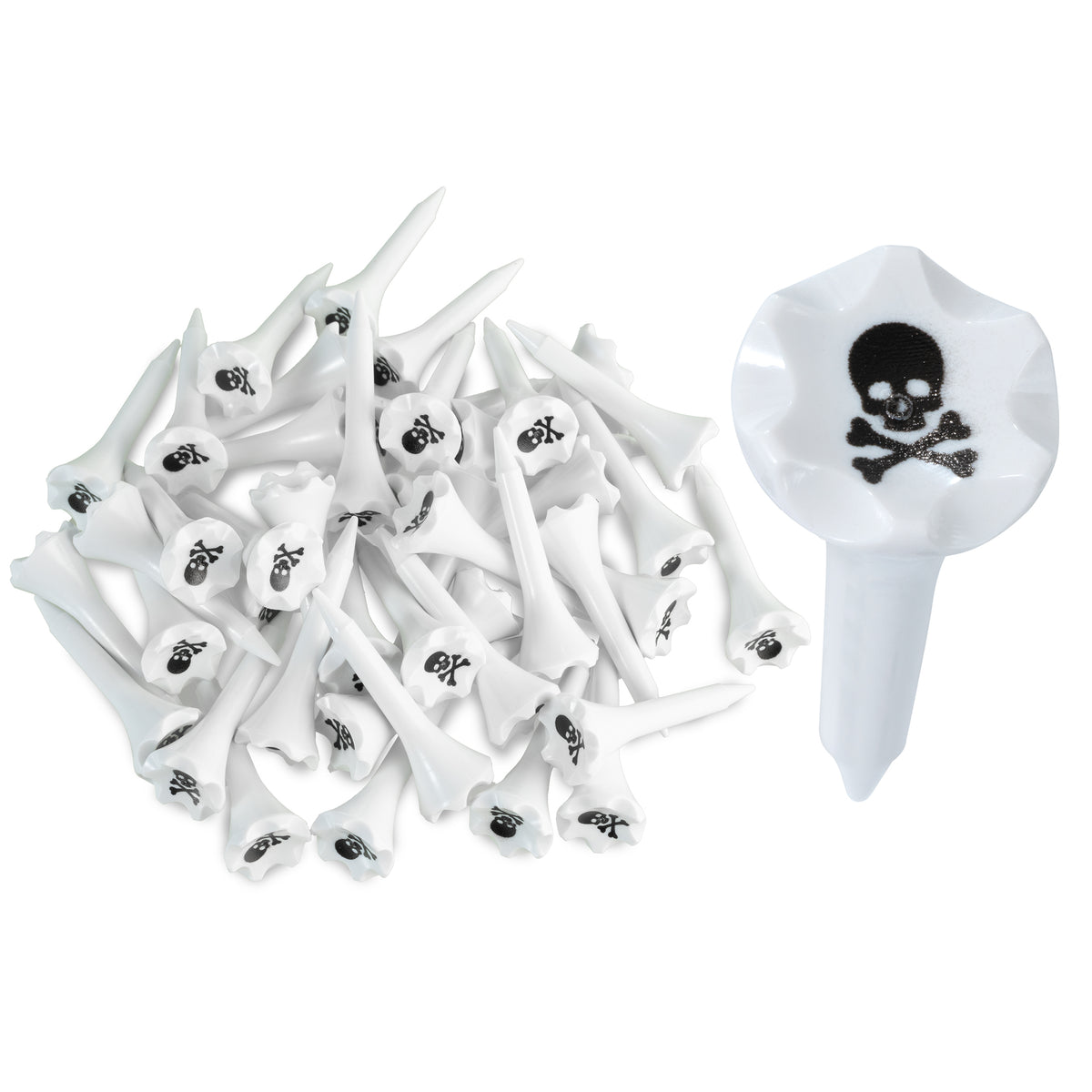 1 ½” Plastic Golf Tees w/ Skull & Crossbones Cup Imprint – Short Golf Tees for Irons, Par Threes, Hybrids, and Driving Range - Pack of 50  Bulk in High Visibility White Durable Plastic